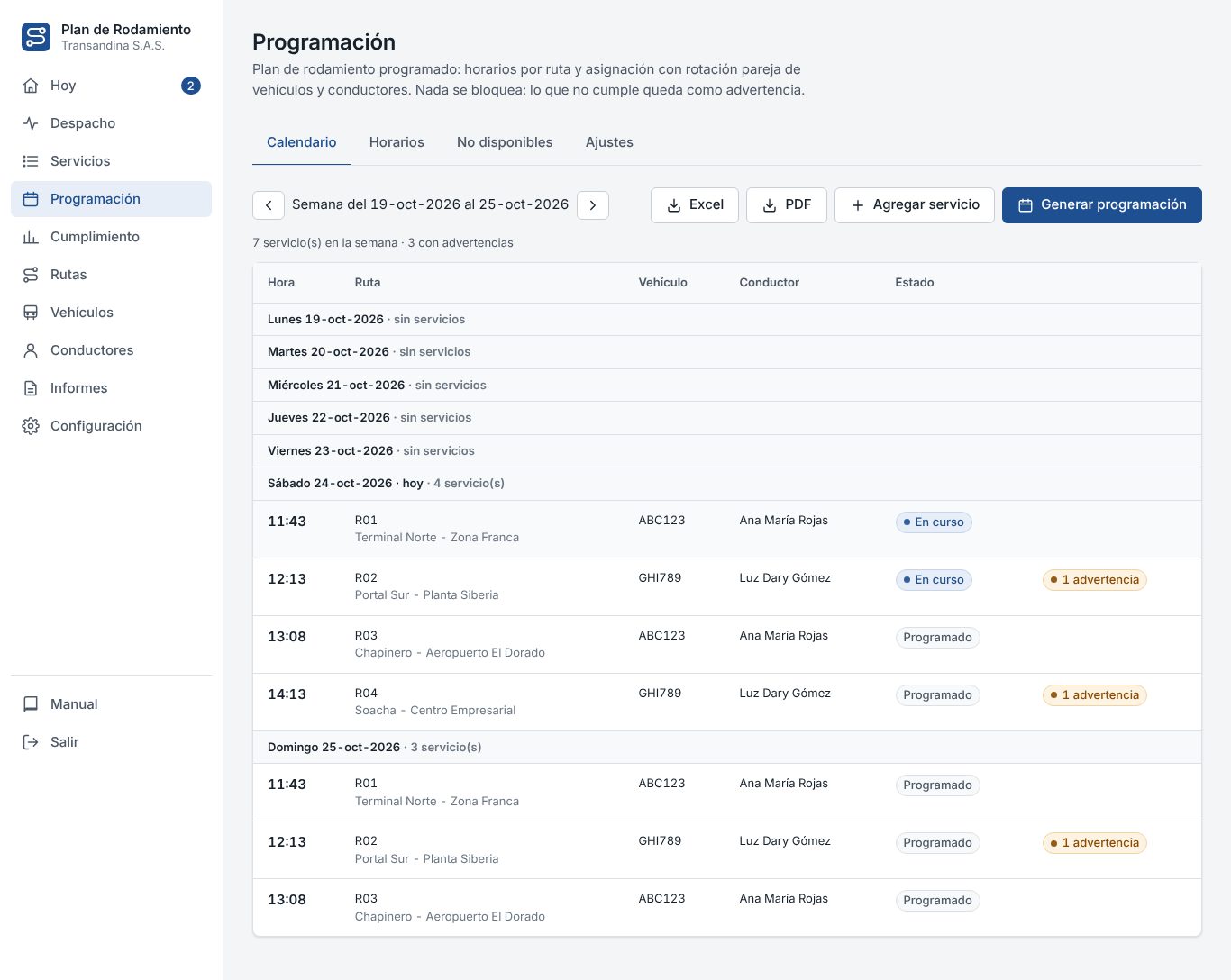 Calendario de la programación